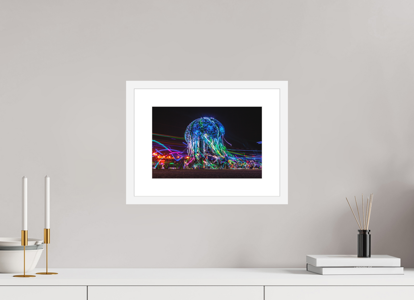 12 x 8″, Solid 0.8" White Wood Frame With 2" Natural White Passe-Partout with Museum Glass Burning Man - Glass Jellyfish