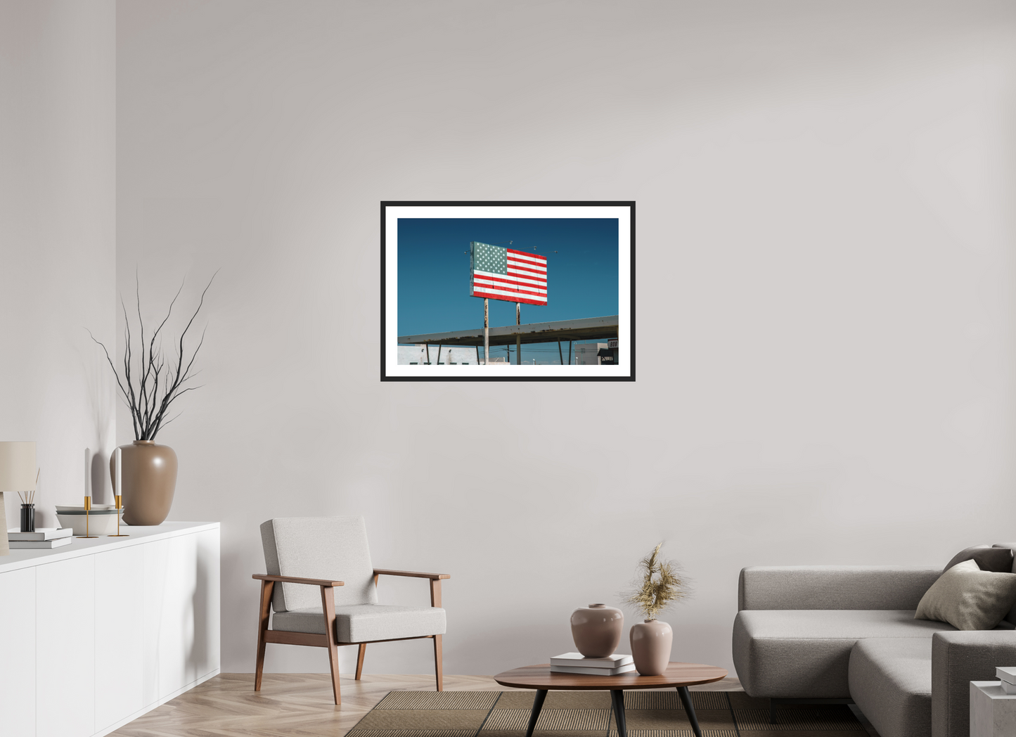 36 x 24″, Solid 0.8" Black Wood Frame With 2" Natural White Passe-Partout with Museum Glass USA Flag Sign