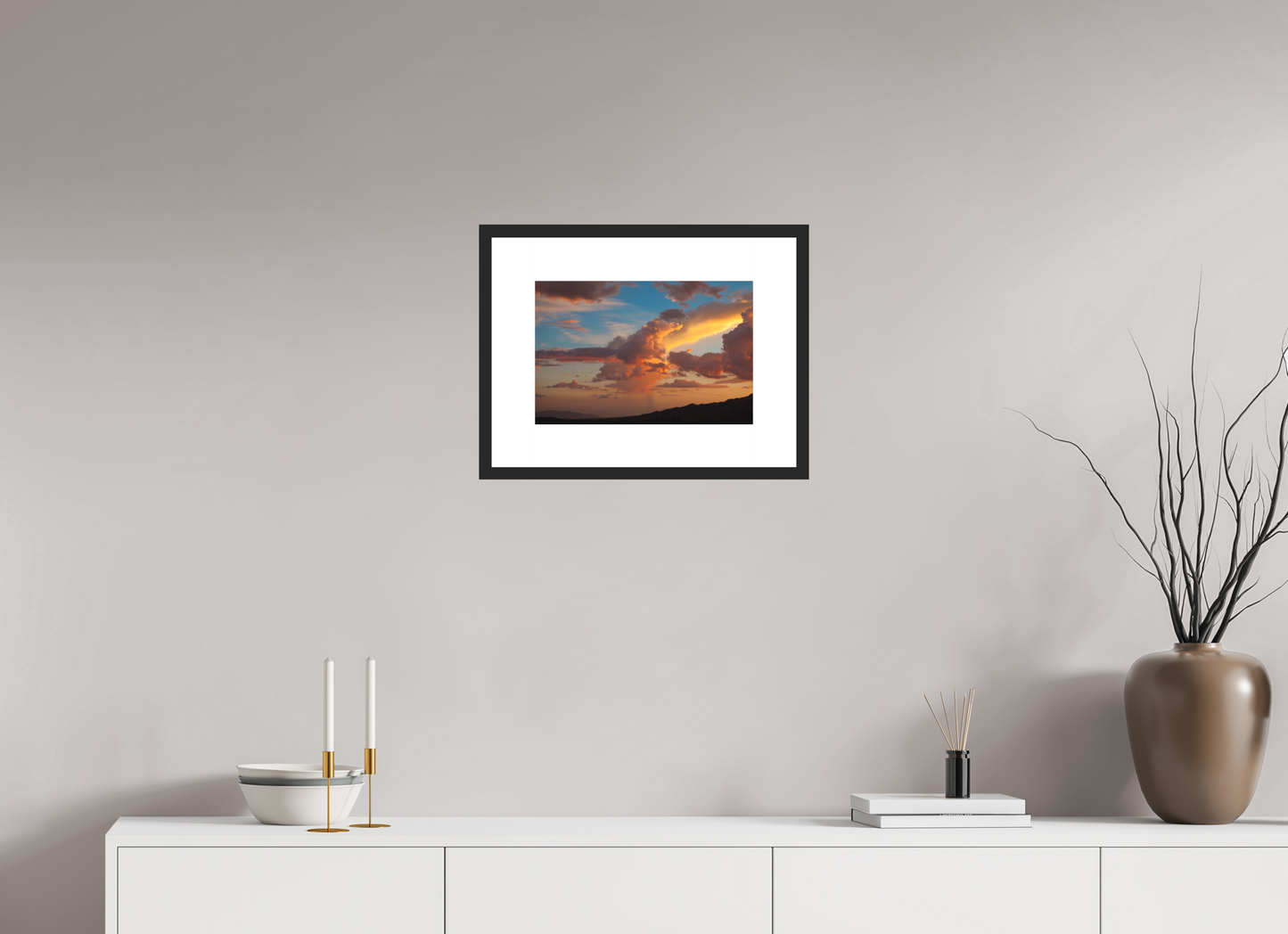 15 x 10″, Solid 0.8" Black Wood Frame With 3" Natural White Passe-Partout with Museum Glass Sunset Clouds and Mountains