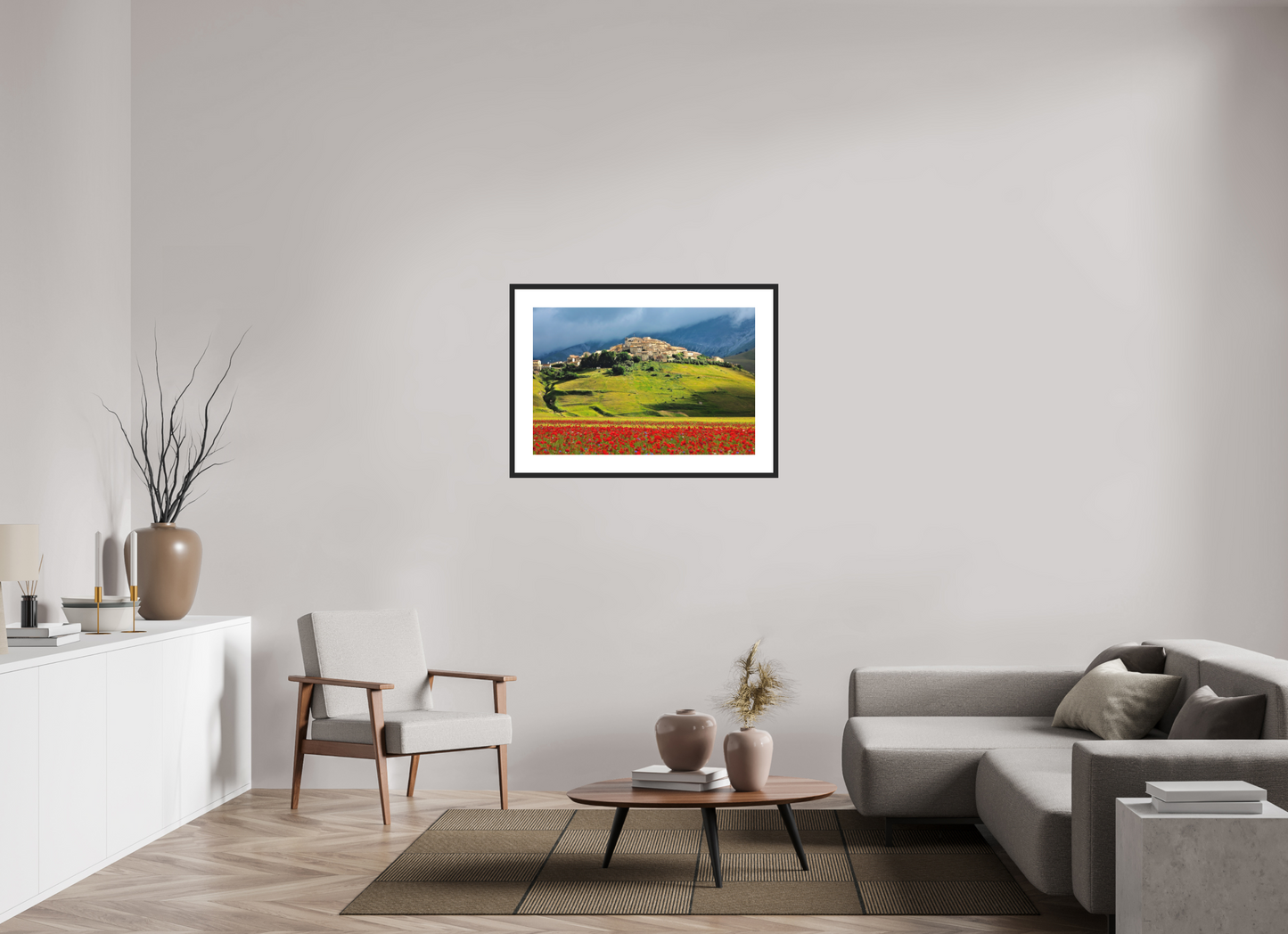 36 x 24″, Solid 0.8" Black Wood Frame With 3" Natural White Passe-Partout with Museum Glass Castelucci, Umbrian Landscape
