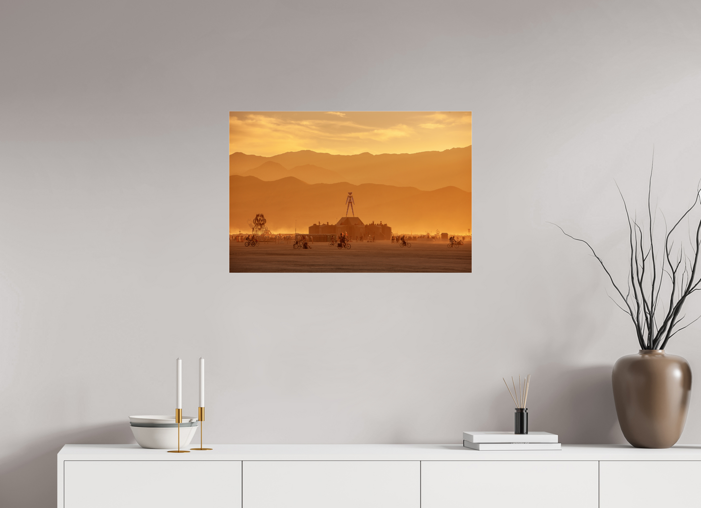 30 x 20″, Frameless Acrylic Glass Burning Man - Burning Man and Mountains