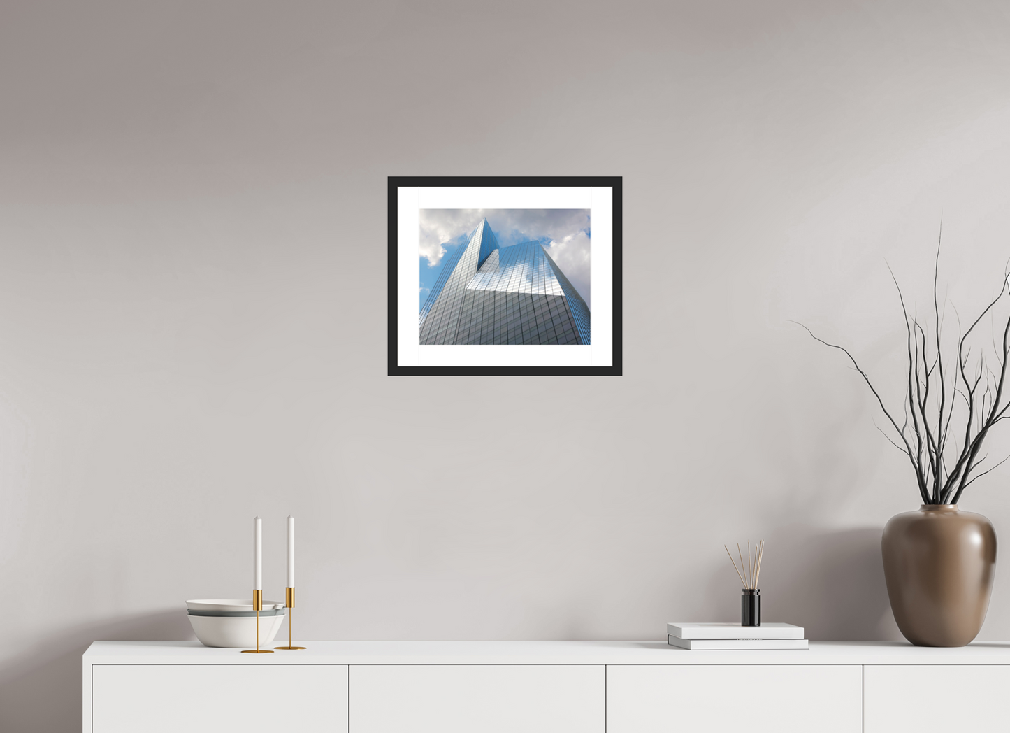 15 x 12″, Solid 0.8" Black Wood Frame With 2" Natural White Passe-Partout with Museum Glass Bank of America Tower