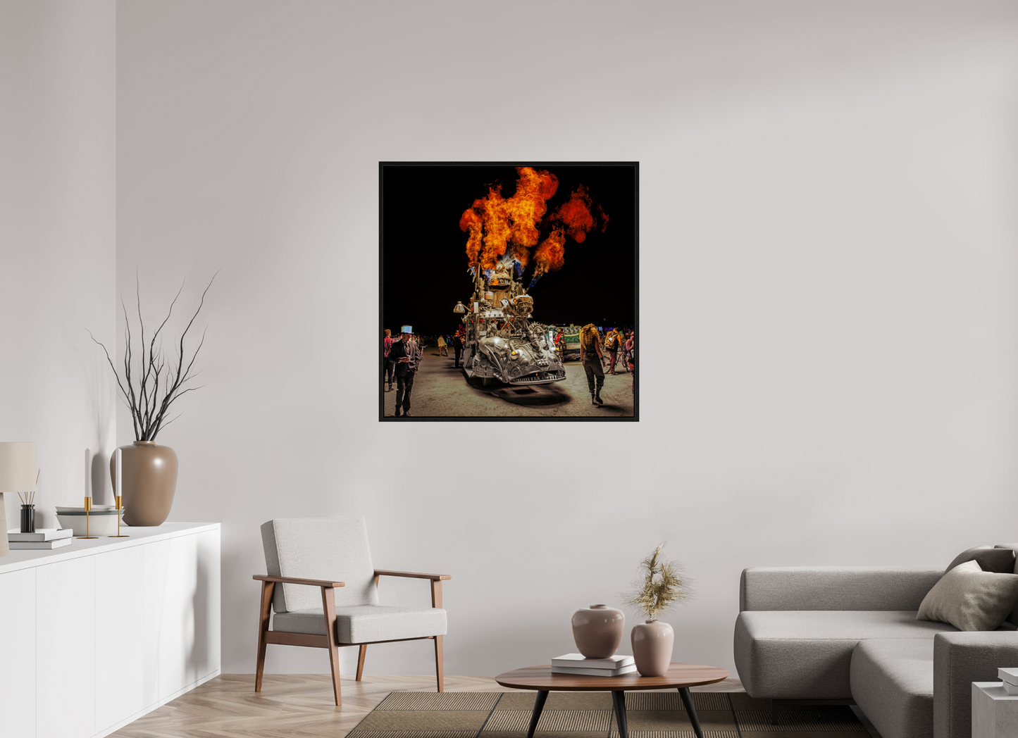 40 x 40″, Floater Frame Burning Man - Art Car with Flames