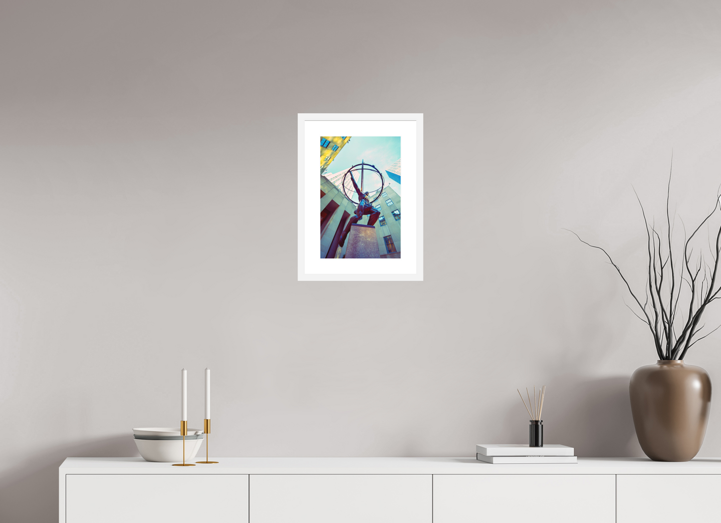 10 x 15″, Solid 0.8" White Wood Frame With 2" Natural White Passe-Partout with Museum Glass Atlas Statue, NY