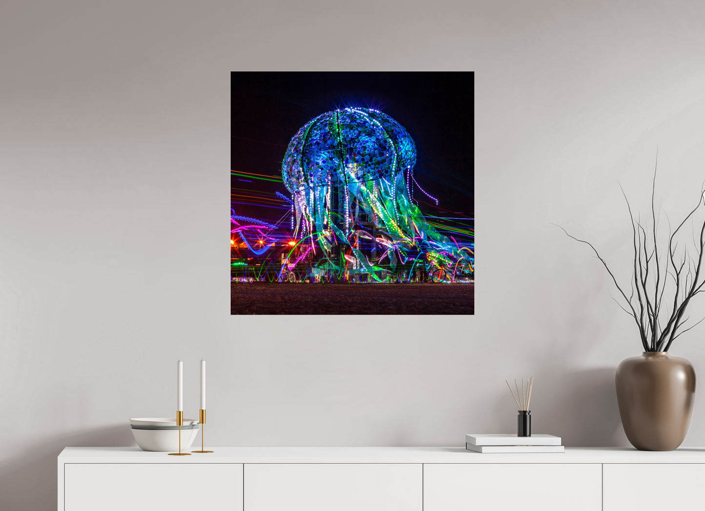 30 x 30″, Frameless Acrylic Glass Burning Man - Glass Jellyfish