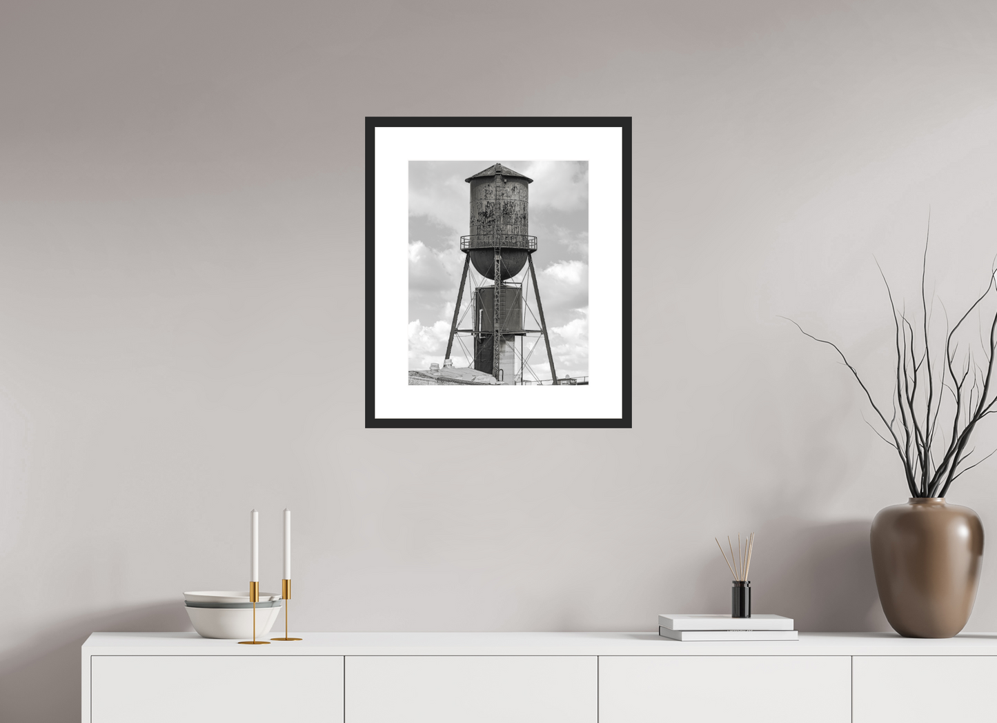 16 x 19.8″, Solid 0.8" Black Wood Frame With 3" Natural White Passe-Partout with Museum Glass Green Water Tower