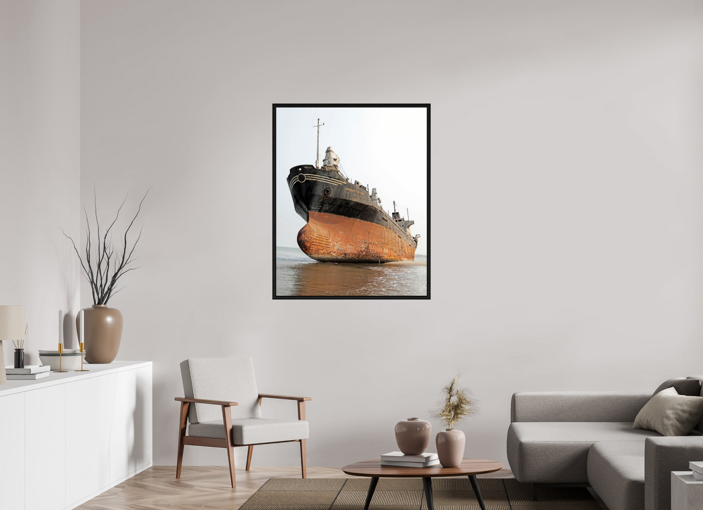35 x 43.7″, Floater Frame Beached Ship Angola