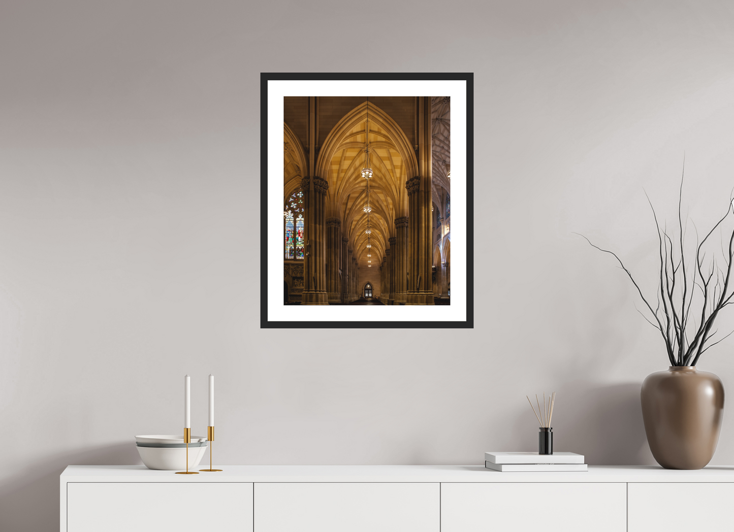 20 x 25″, Solid 0.8" Black Wood Frame With 2" Natural White Passe-Partout with Museum Glass Gothic Archway, St. Patrick's Cathedral