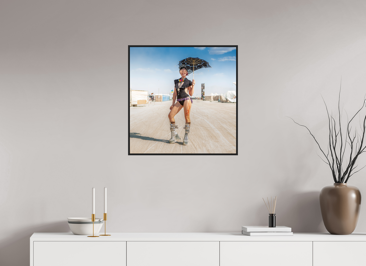 25 x 25″, Black Matte Frame, No Border Burning Man - Attendee with Parasol
