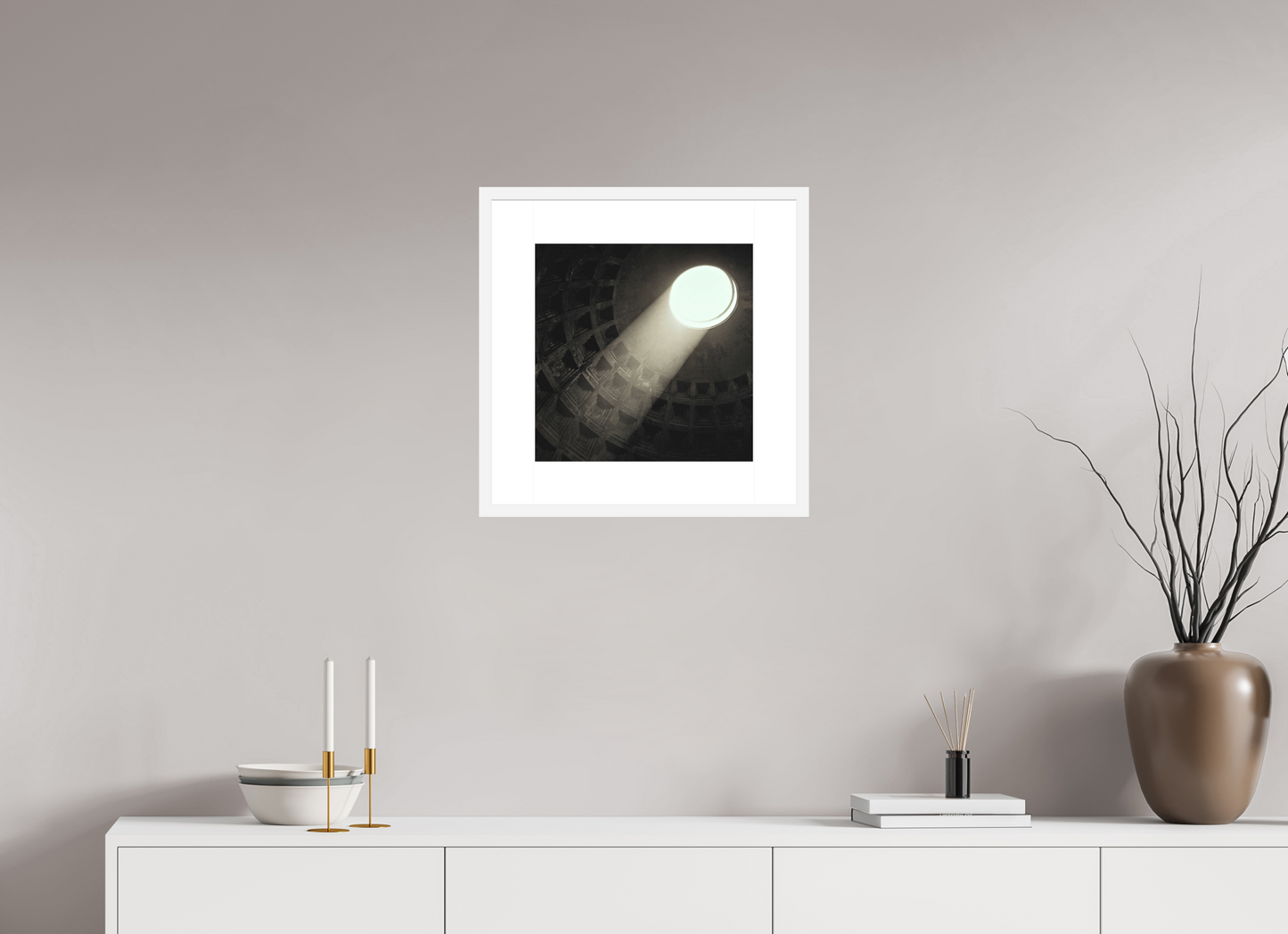 15 x 15″, Solid 0.8" White Wood Frame With 3" Natural White Passe-Partout with Museum Glass Pantheon Ceiling