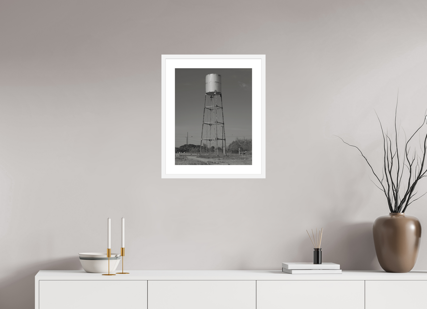 16 x 20″, Solid 0.8" White Wood Frame With 2" Natural White Passe-Partout with Museum Glass Cylinder Water Tower