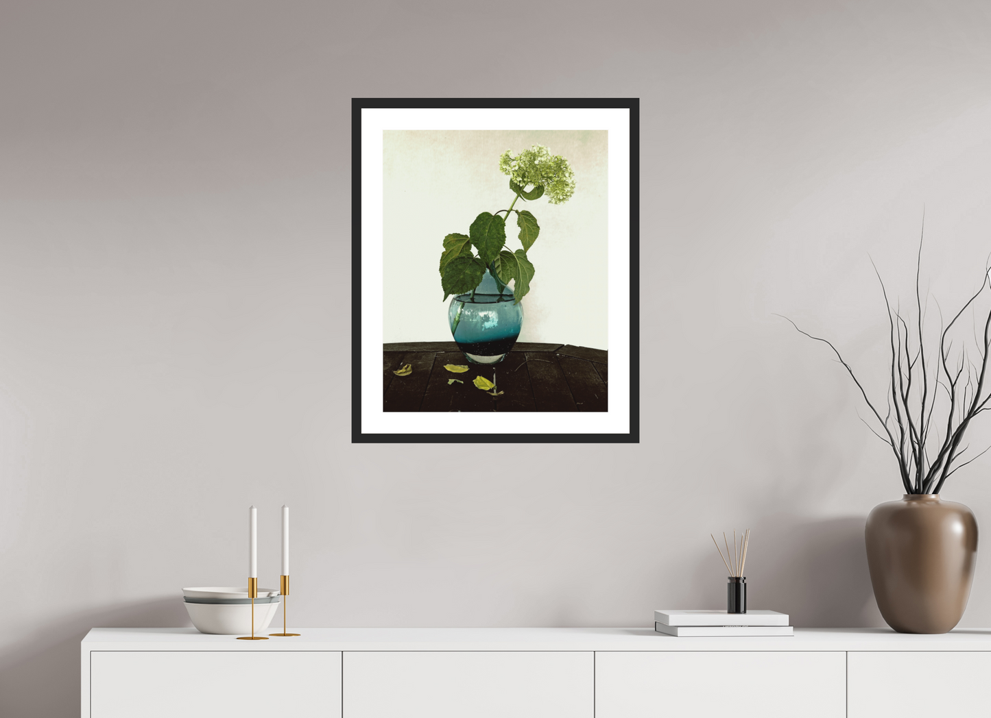 20 x 25″, Solid 0.8" Black Wood Frame With 2" Natural White Passe-Partout with Museum Glass Flower in Vase on Table