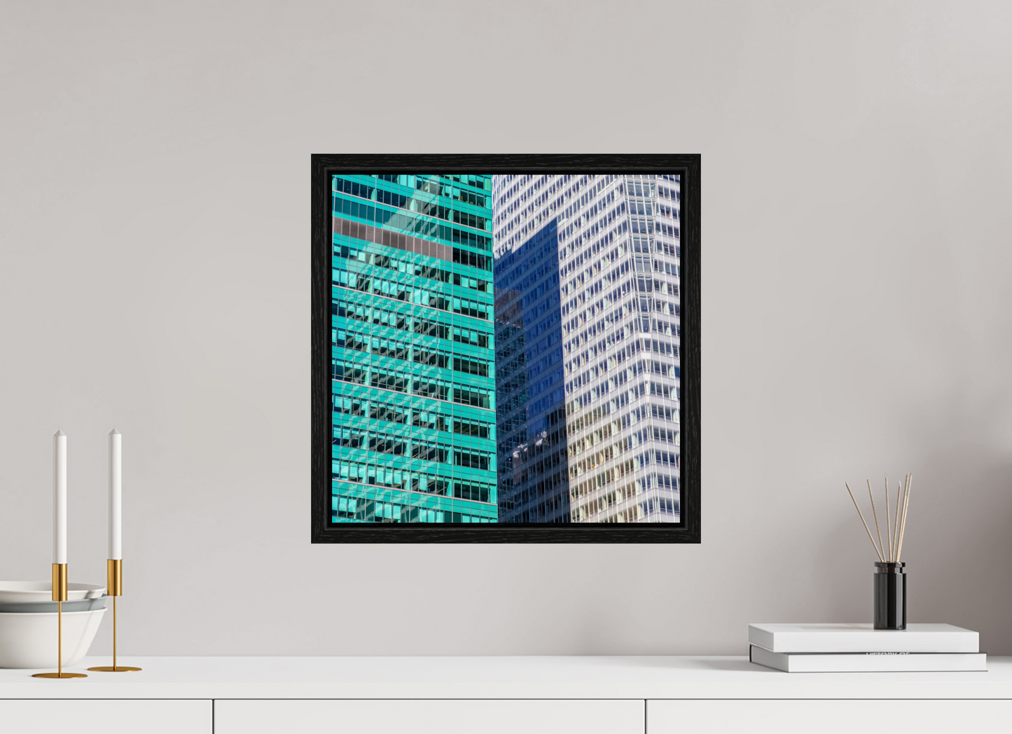 15 x 15″, Floater Frame Green and White Office Buildings