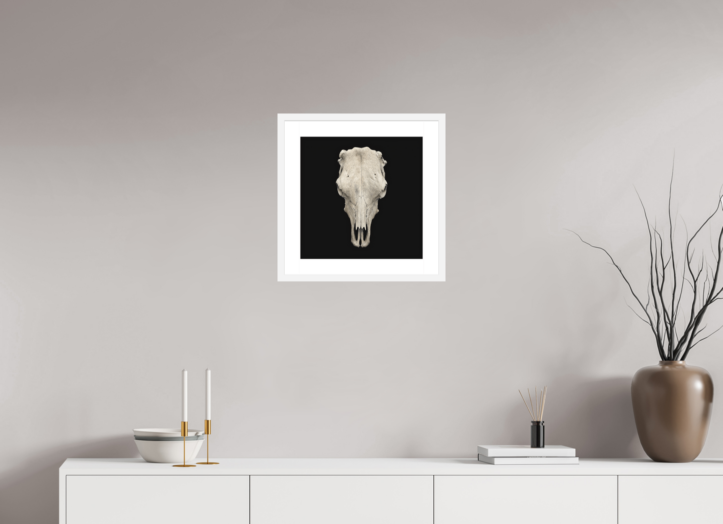 15 x 15″, Solid 0.8" White Wood Frame With 2" Natural White Passe-Partout with Museum Glass Cow Skull