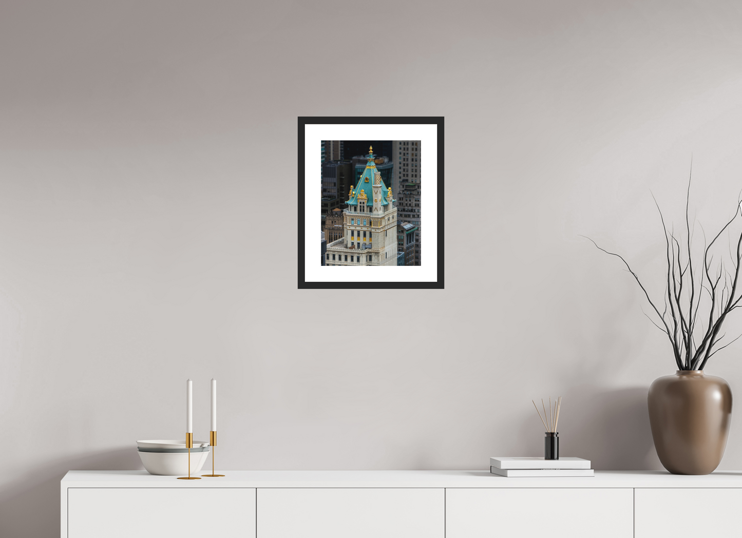 12 x 15″, Solid 0.8" Black Wood Frame With 2" Natural White Passe-Partout with Museum Glass The Heckscher Building