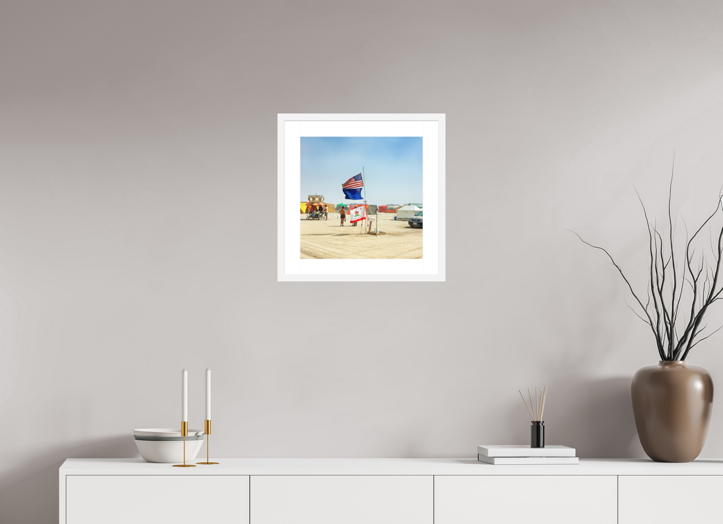 15 x 15″, Solid 0.8" White Wood Frame With 2" Natural White Passe-Partout with Museum Glass Burning Man - Woman with Flags (square format)