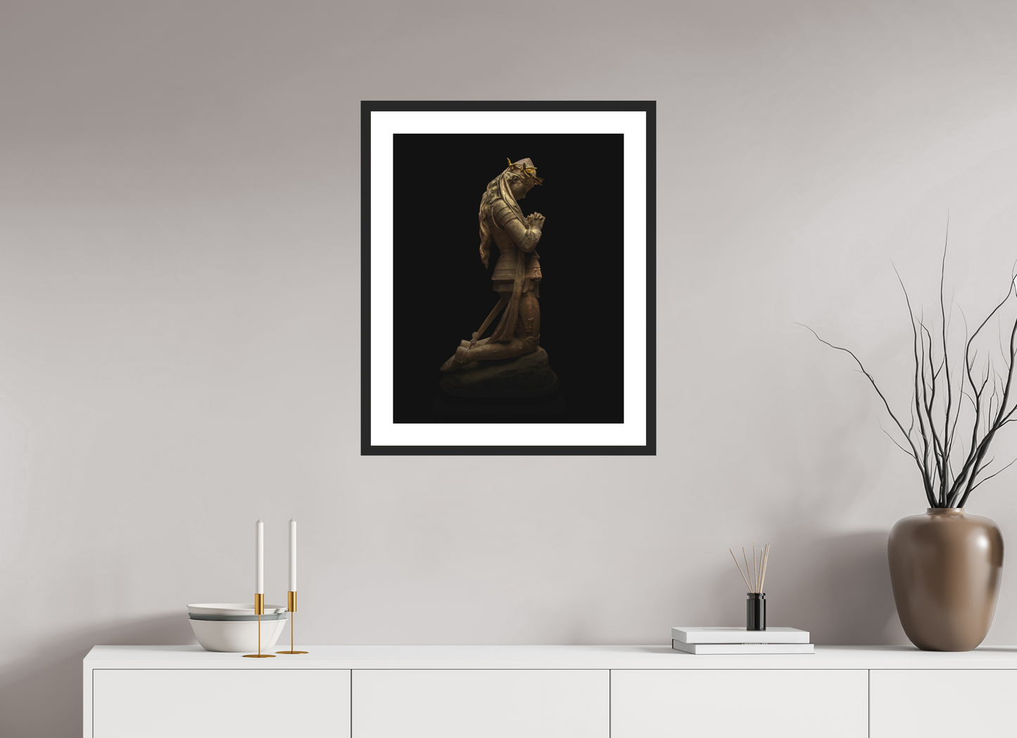 20 x 25″, Solid 0.8" Black Wood Frame With 2" Natural White Passe-Partout with Museum Glass Joan of Arc Statue