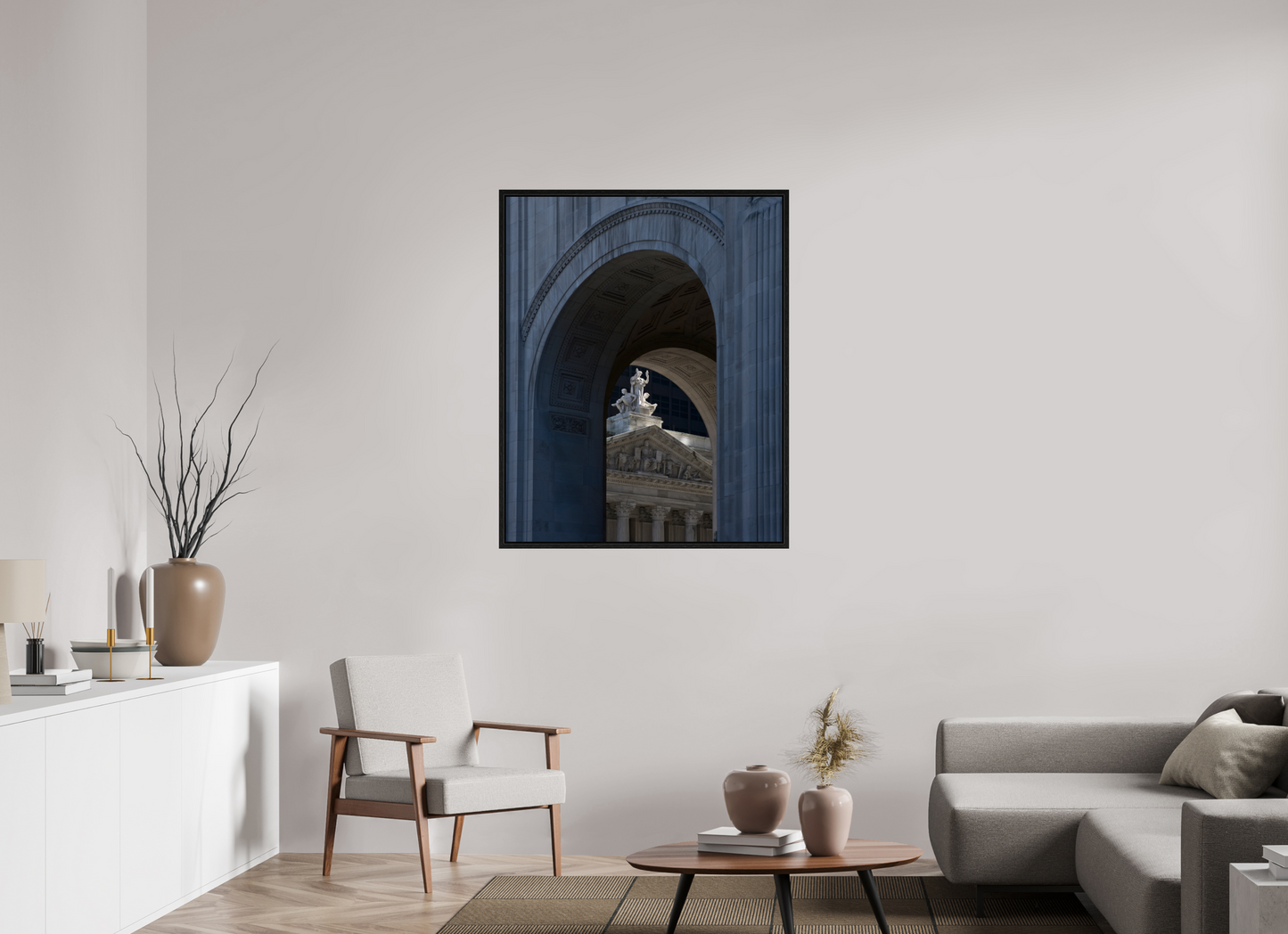 35 x 43.7″, Floater Frame Arches with Sculptures