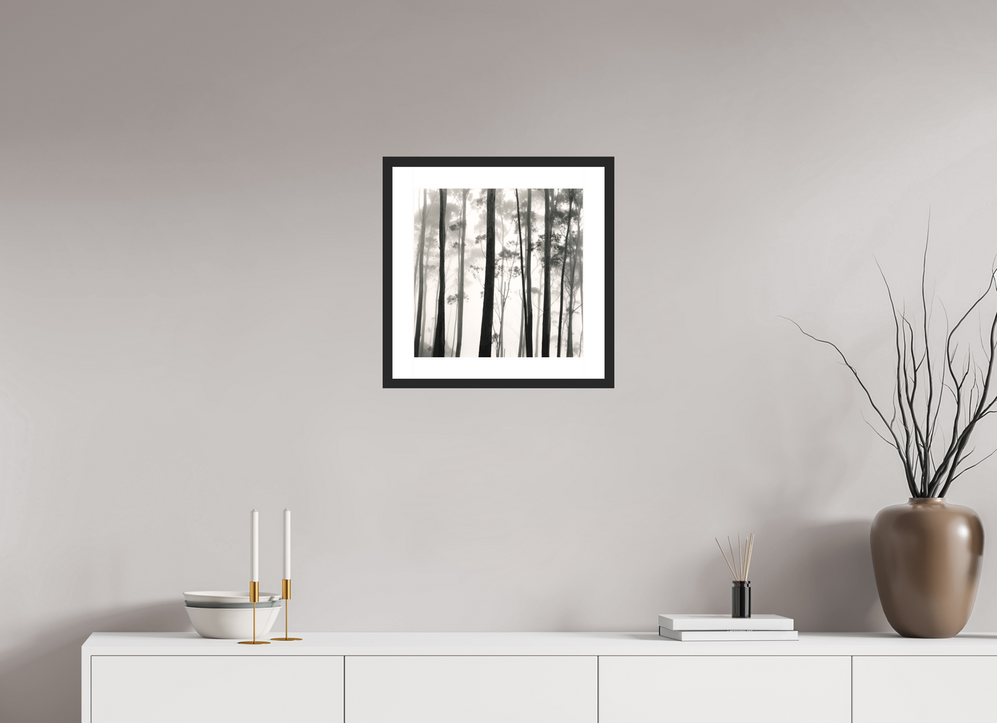 15 x 15″, Solid 0.8" Black Wood Frame With 2" Natural White Passe-Partout with Museum Glass Tilba Tilba Trees, Austrailia