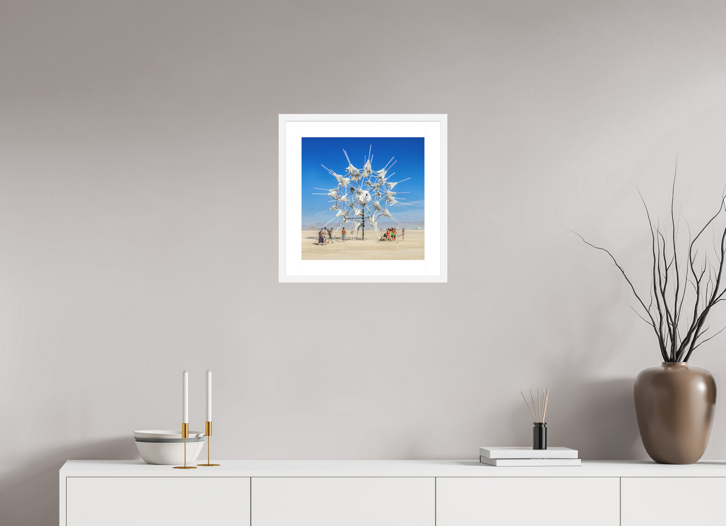 15 x 15″, Solid 0.8" White Wood Frame With 2" Natural White Passe-Partout with Museum Glass Burning Man - Gathering at Radia Lumia (square format)