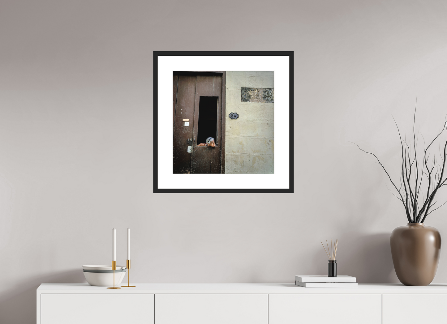 20 x 20.3″, Solid 0.8" Black Wood Frame With 3" Natural White Passe-Partout with Museum Glass Cuban Woman in Window, Havana