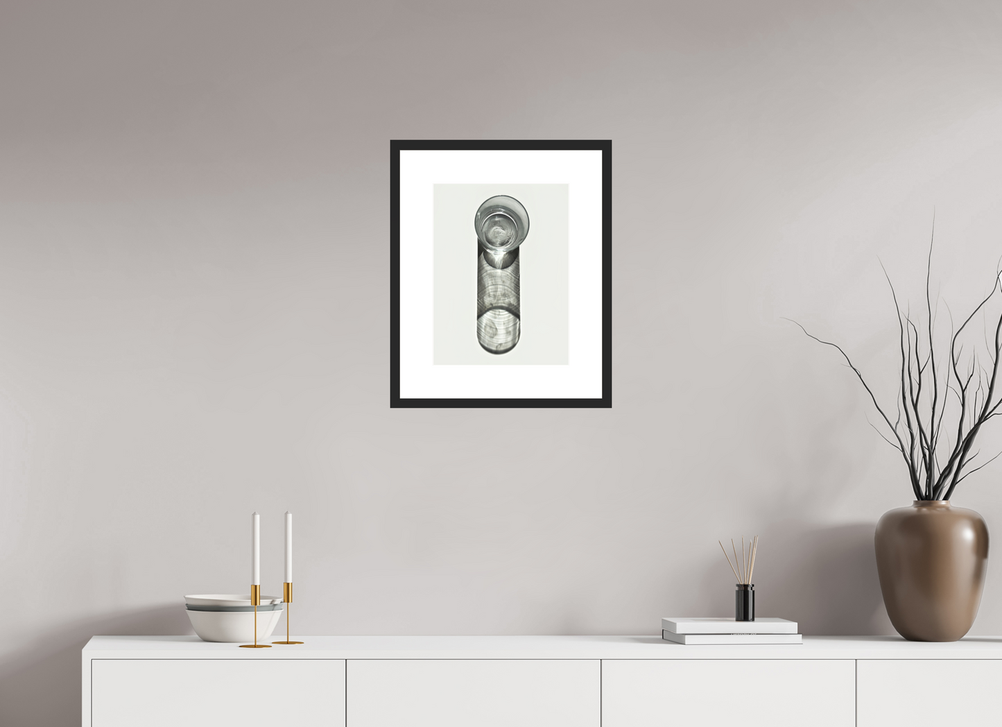 12 x 16″, Solid 0.8" Black Wood Frame With 3" Natural White Passe-Partout with Museum Glass Water Glass with Shadow