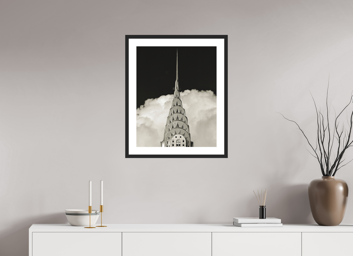 20 x 25″, Solid 0.8" Black Wood Frame With 2" Natural White Passe-Partout with Museum Glass Chrysler Building Against Clouds