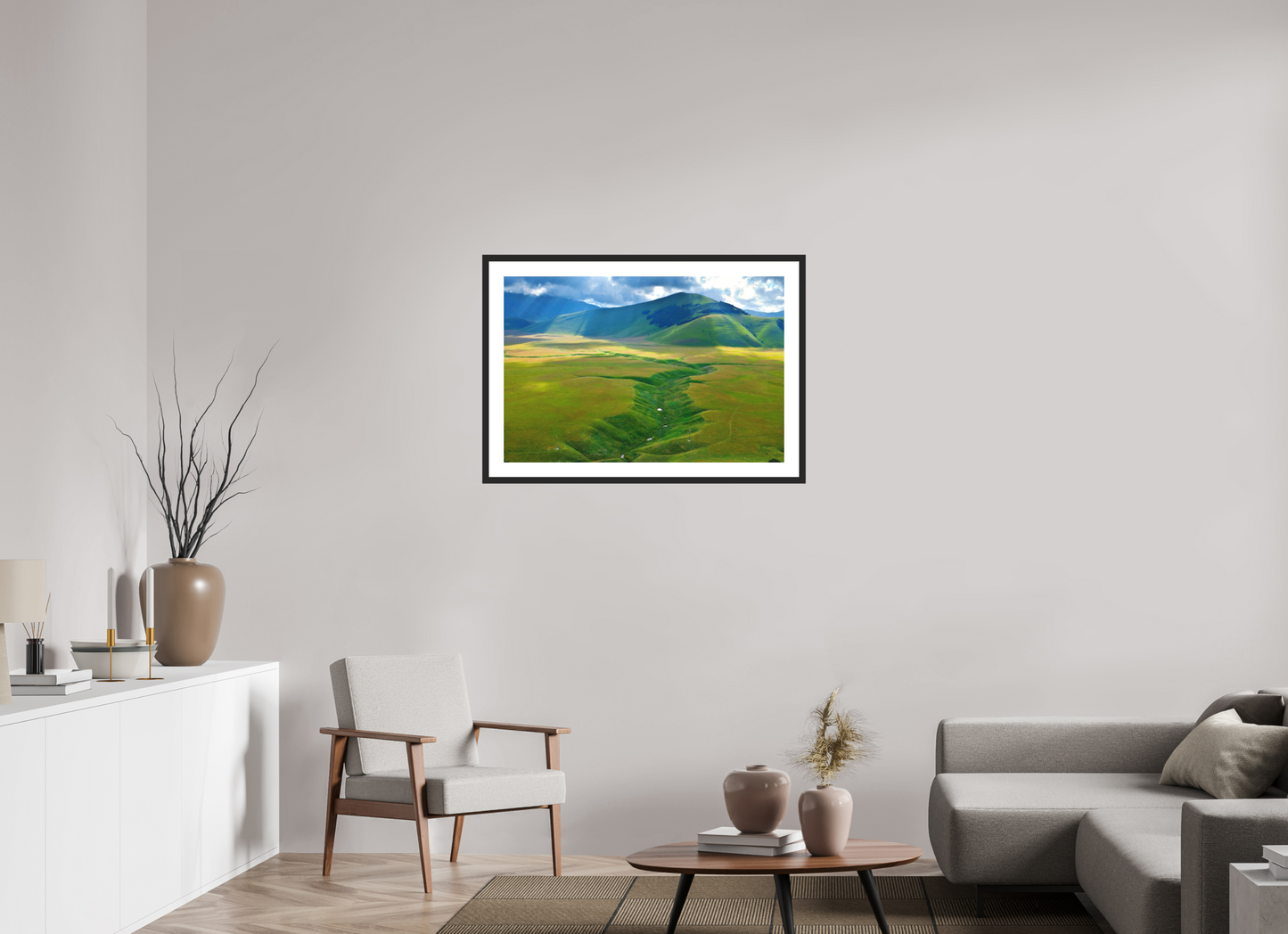 36 x 24″, Solid 0.8" Black Wood Frame With 2" Natural White Passe-Partout with Museum Glass Semplicemente Umbria