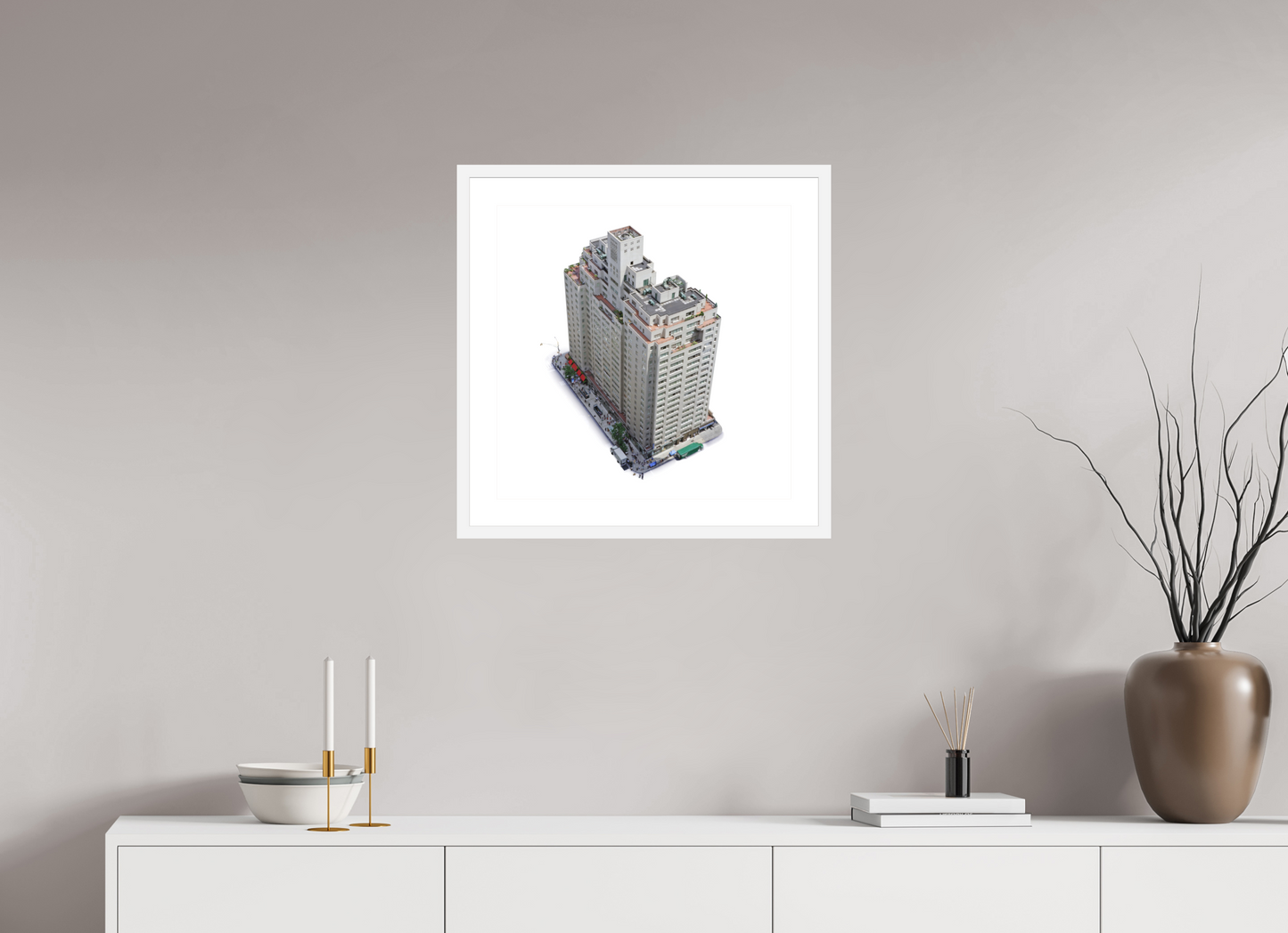 20 x 20″, Solid 0.8" White Wood Frame With 2" Natural White Passe-Partout with Museum Glass New York City Apartment  Building