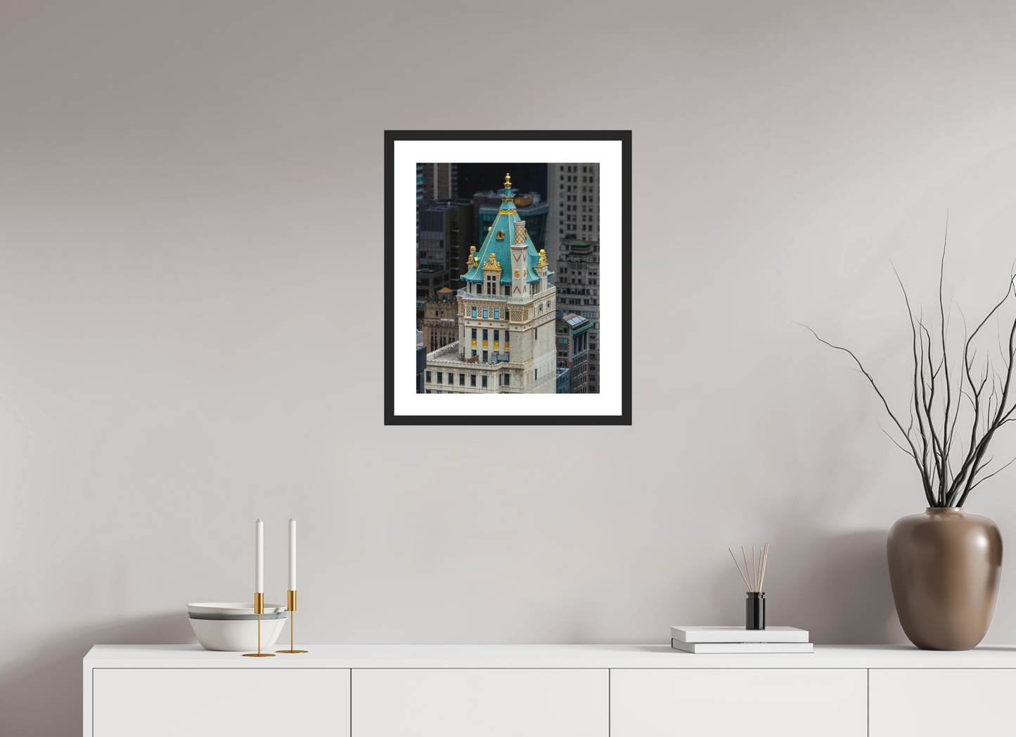 16 x 20″, Solid 0.8" Black Wood Frame With 2" Natural White Passe-Partout with Museum Glass The Heckscher Building