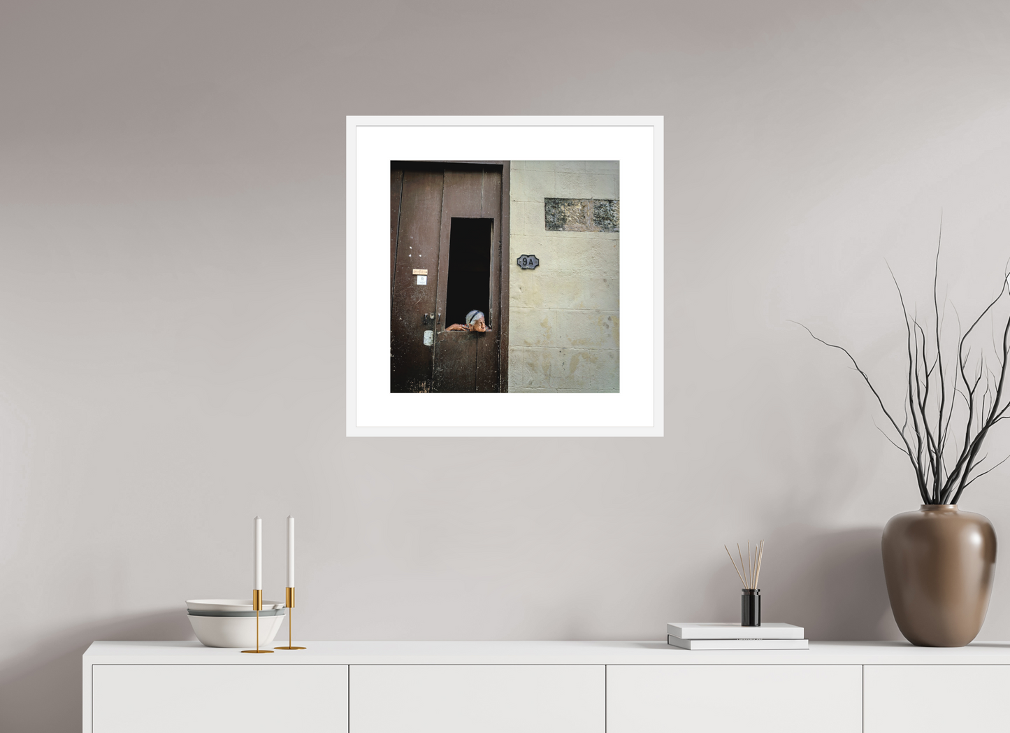 20 x 20.3″, Solid 0.8" White Wood Frame With 3" Natural White Passe-Partout with Museum Glass Cuban Woman in Window, Havana