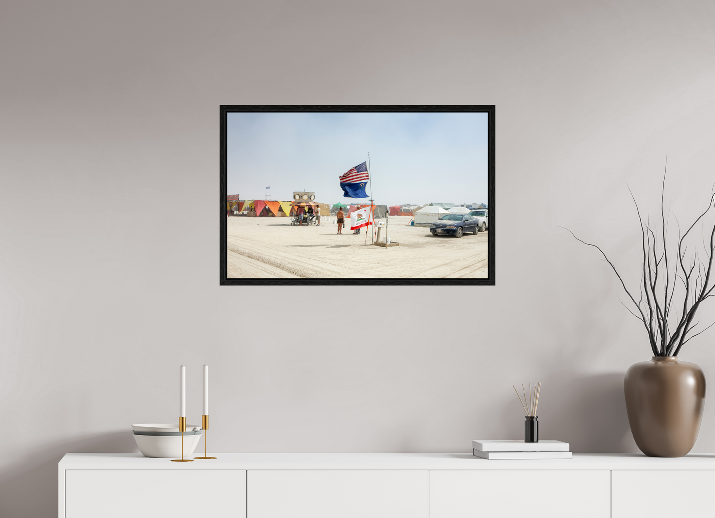 31.4 x 20″, Floater Frame Burning Man - Woman and Flags