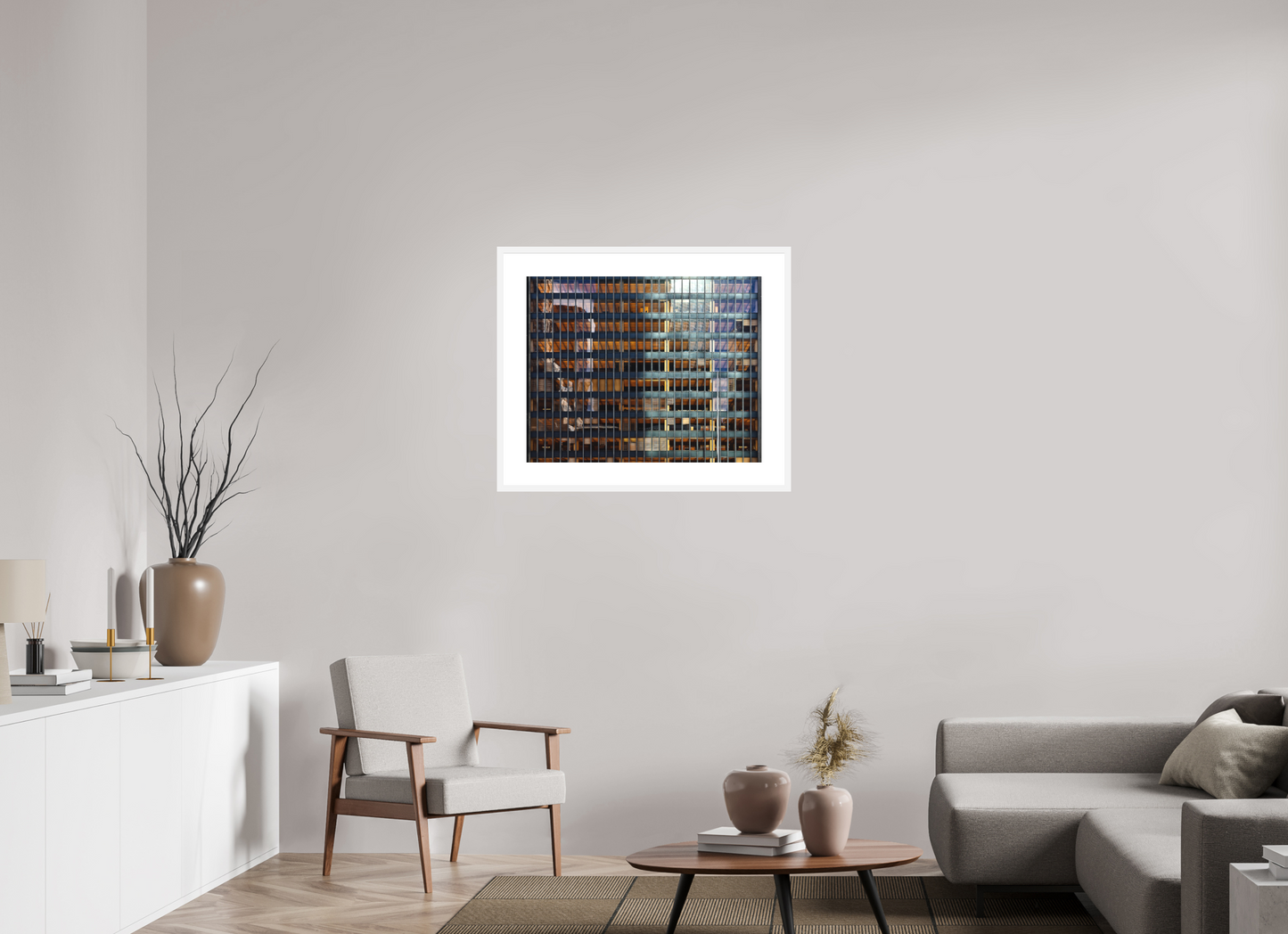 30.2 x 24″, Solid 0.8" White Wood Frame With 3" Natural White Passe-Partout with Museum Glass Seagram Building