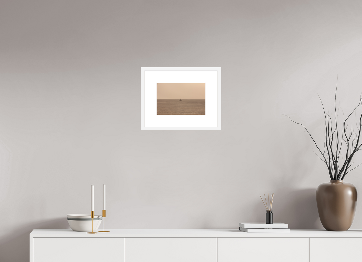 12 x 8″, Solid 0.8" White Wood Frame With 3" Natural White Passe-Partout with Museum Glass Burning Man - Woman on Bike