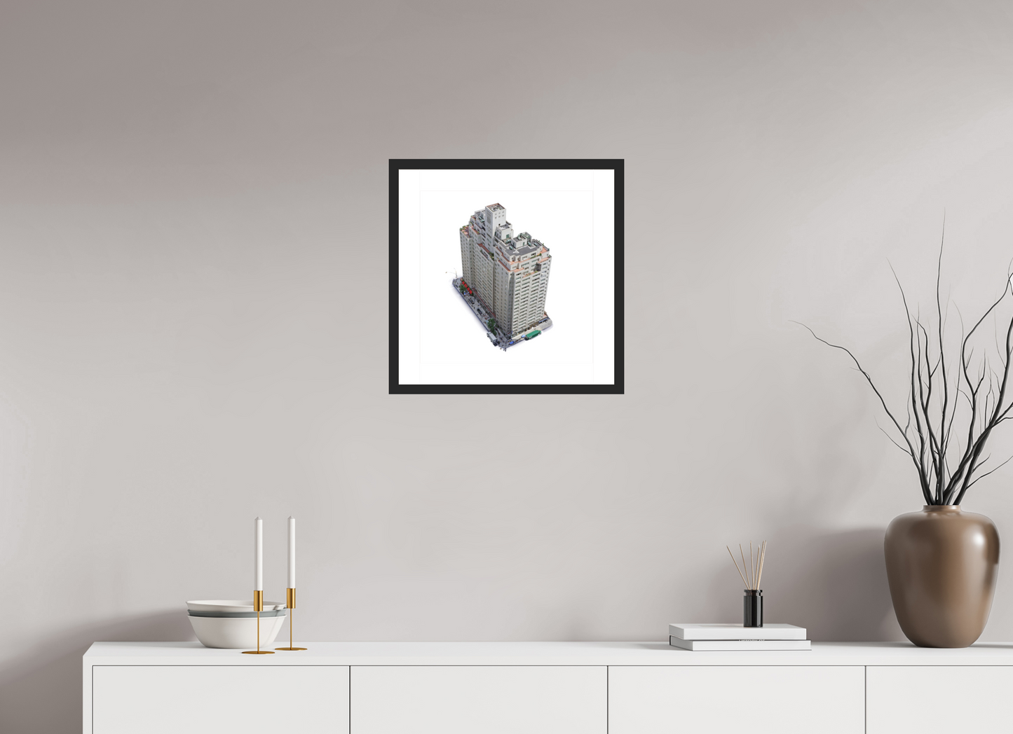 15 x 15″, Solid 0.8" Black Wood Frame With 2" Natural White Passe-Partout with Museum Glass New York City Apartment  Building