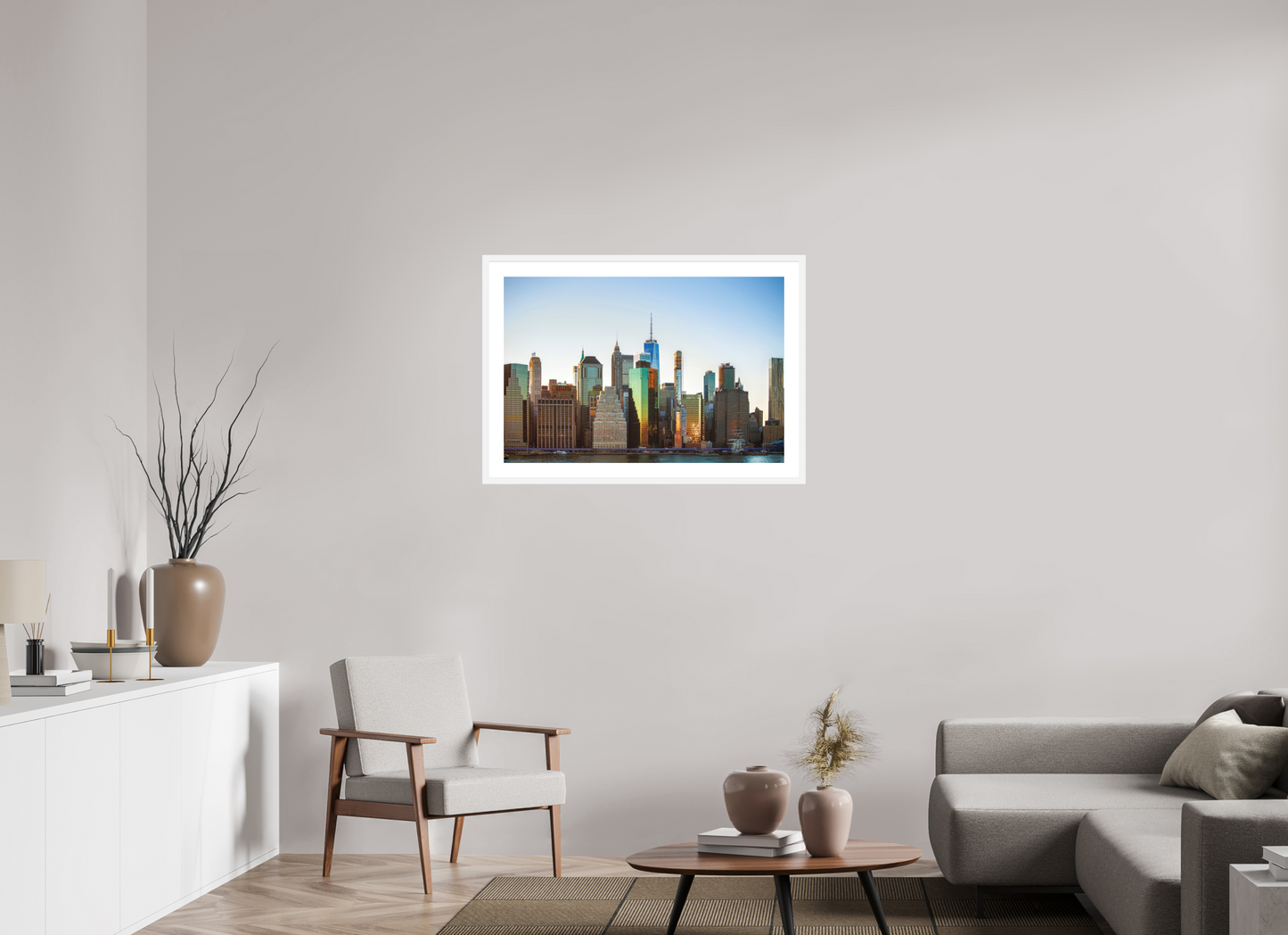 36 x 24″, Solid 0.8" White Wood Frame With 2" Natural White Passe-Partout with Museum Glass Lower Manhattan
