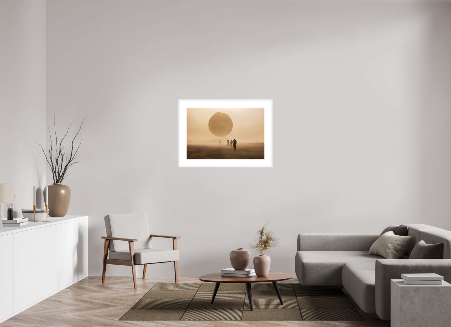 36 x 24″, Solid 0.8" White Wood Frame With 3" Natural White Passe-Partout with Museum Glass Burning Man - Weather Balloon and Bikers