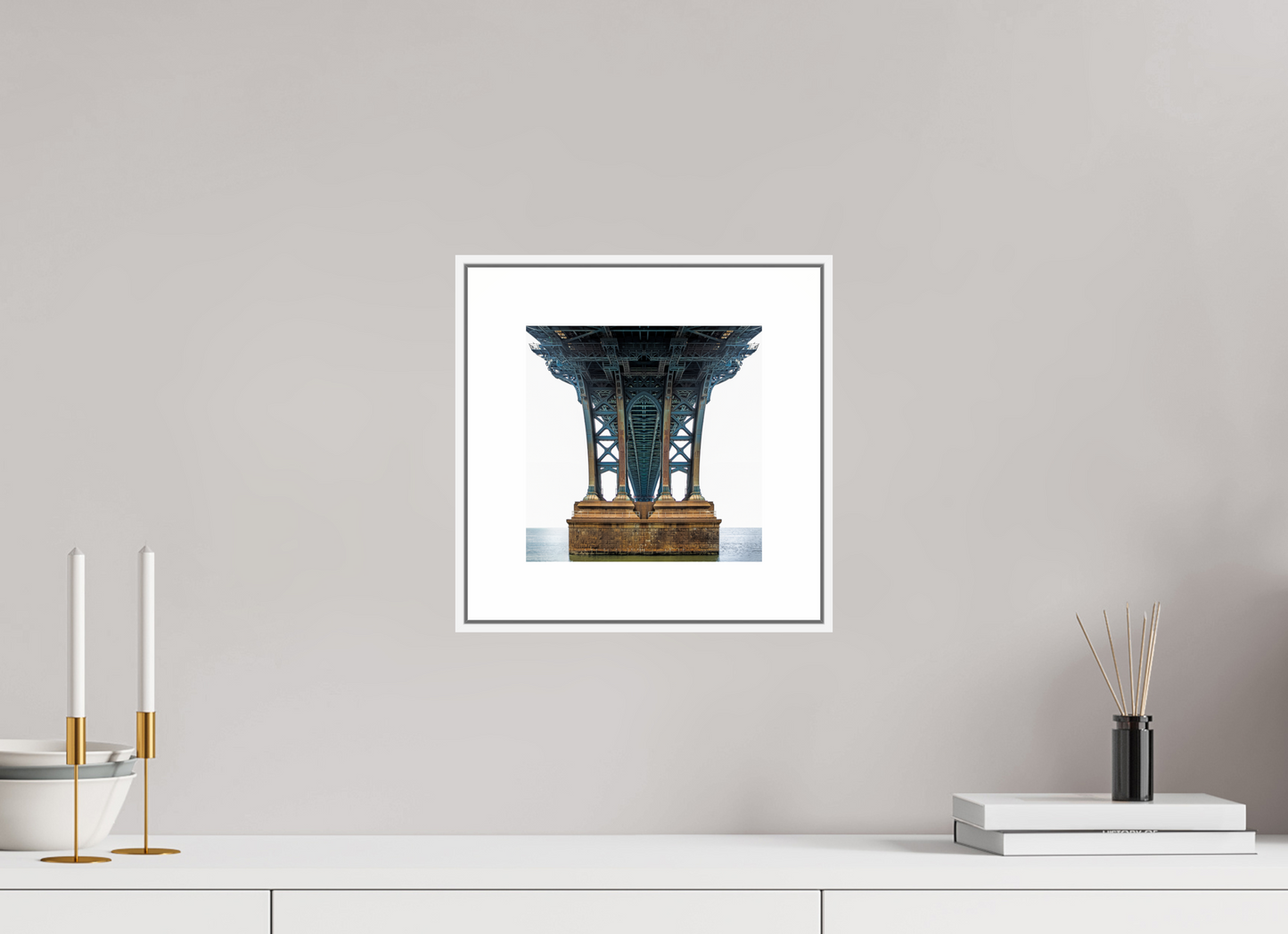 8 x 8″, White Matte Frame Manhattan Bridge