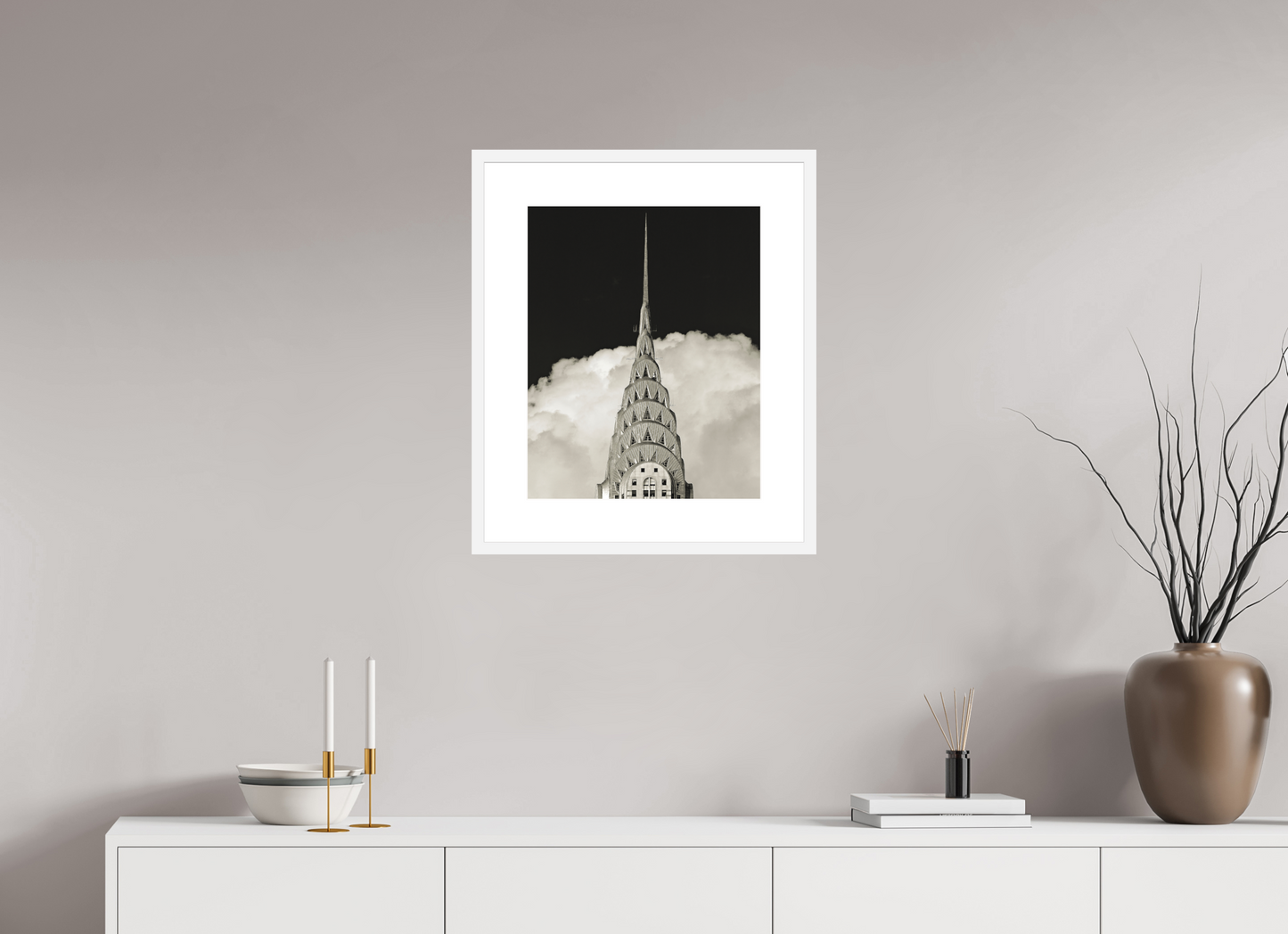 16 x 20″, Solid 0.8" White Wood Frame With 3" Natural White Passe-Partout with Museum Glass Chrysler Building Against Clouds