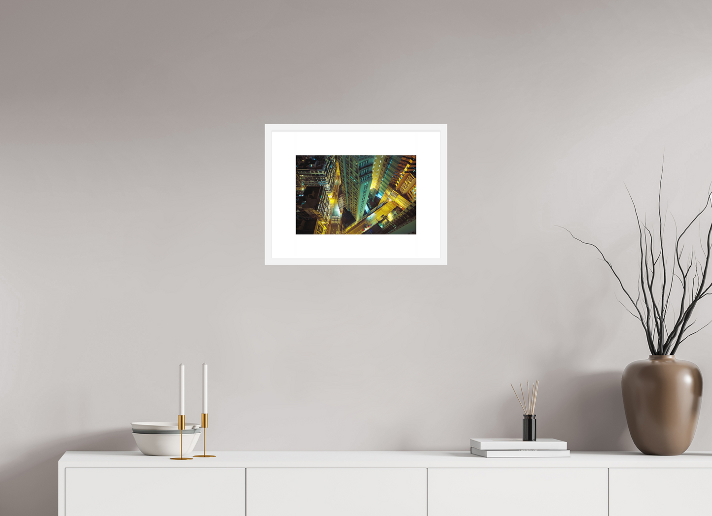 15 x 10″, Solid 0.8" White Wood Frame With 3" Natural White Passe-Partout with Museum Glass Downtown Hong Kong