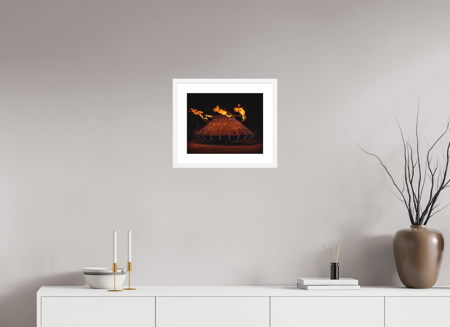 15 x 12″, Solid 0.8" White Wood Frame With 2" Natural White Passe-Partout with Museum Glass Burning Man - Da Vinci Tank with Flames