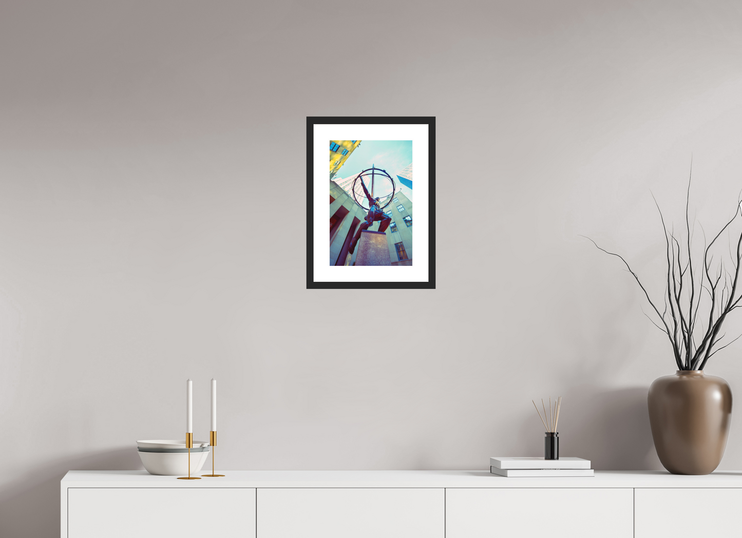 10 x 15″, Solid 0.8" Black Wood Frame With 2" Natural White Passe-Partout with Museum Glass Atlas Statue, NY