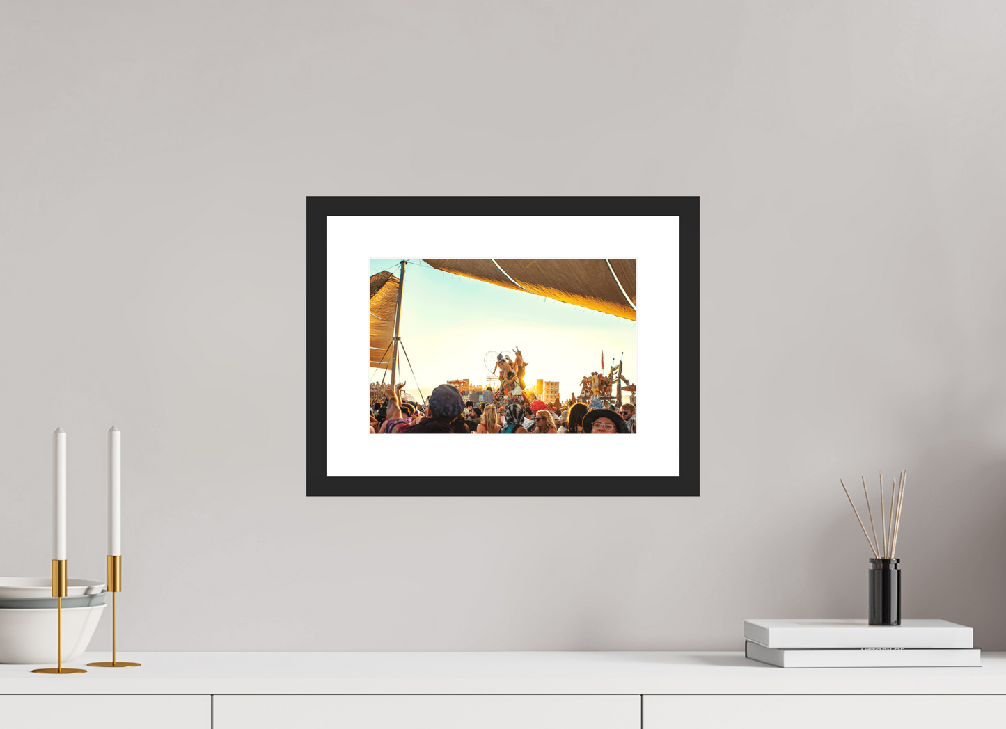 12 x 8″, Solid 0.8" Black Wood Frame With 2" Natural White Passe-Partout with Museum Glass Burning Man - Gathering