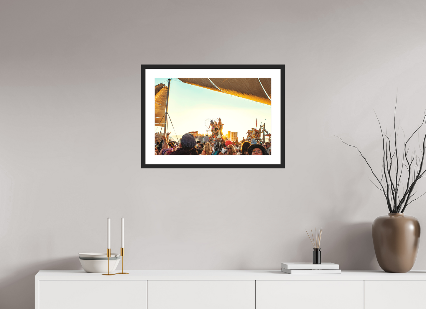 24 x 16″, Solid 0.8" Black Wood Frame With 2" Natural White Passe-Partout with Museum Glass Burning Man - Gathering