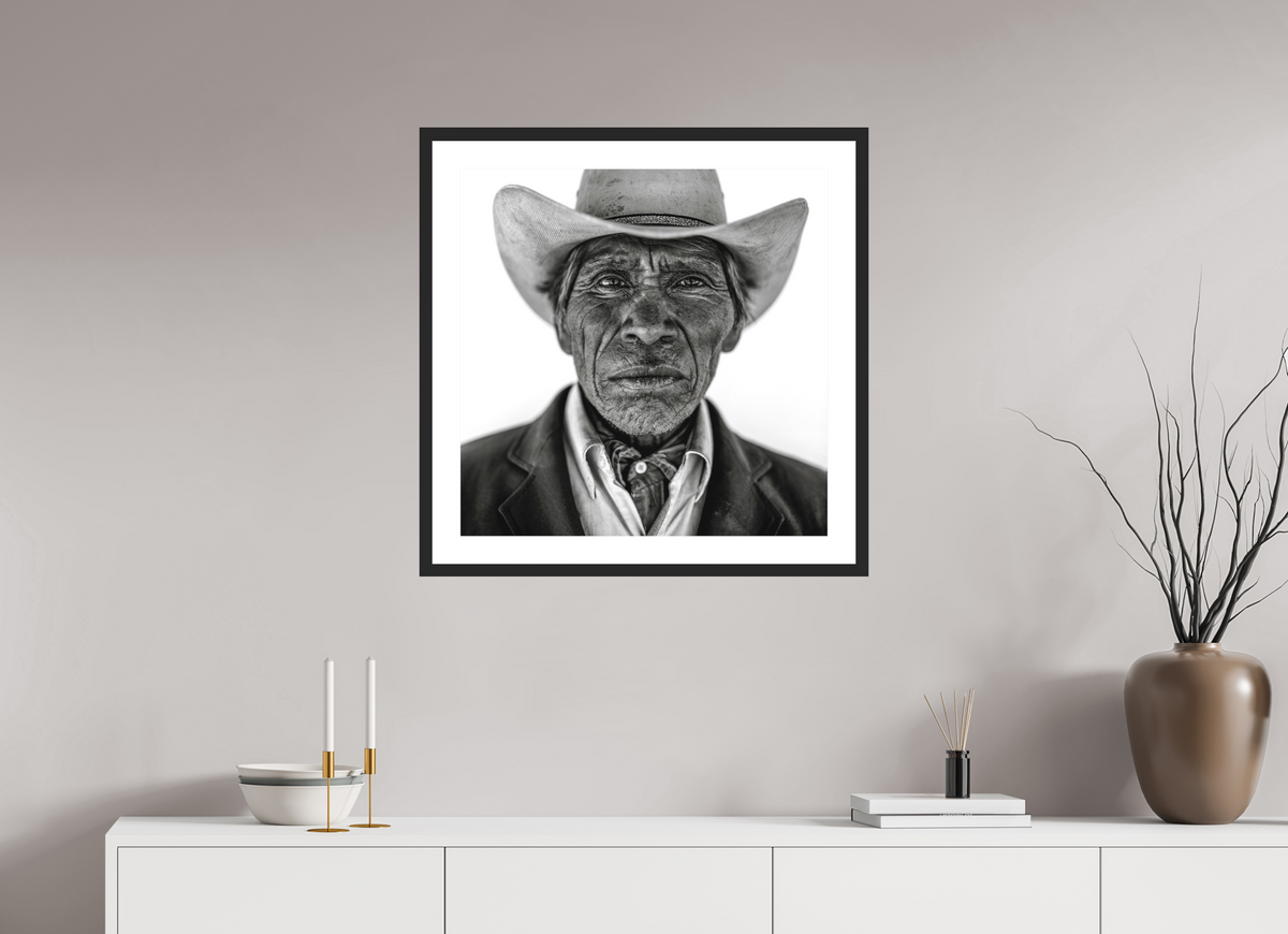 25 x 25″, Solid 0.8" Black Wood Frame With 2" Natural White Passe-Partout with Museum Glass Tarahumara Cowboy
