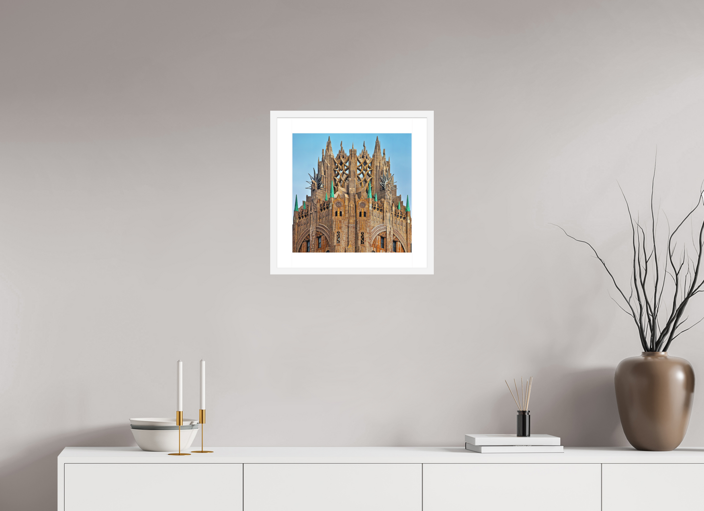 15 x 15″, Solid 0.8" White Wood Frame With 2" Natural White Passe-Partout with Museum Glass Crown of General Electric Building