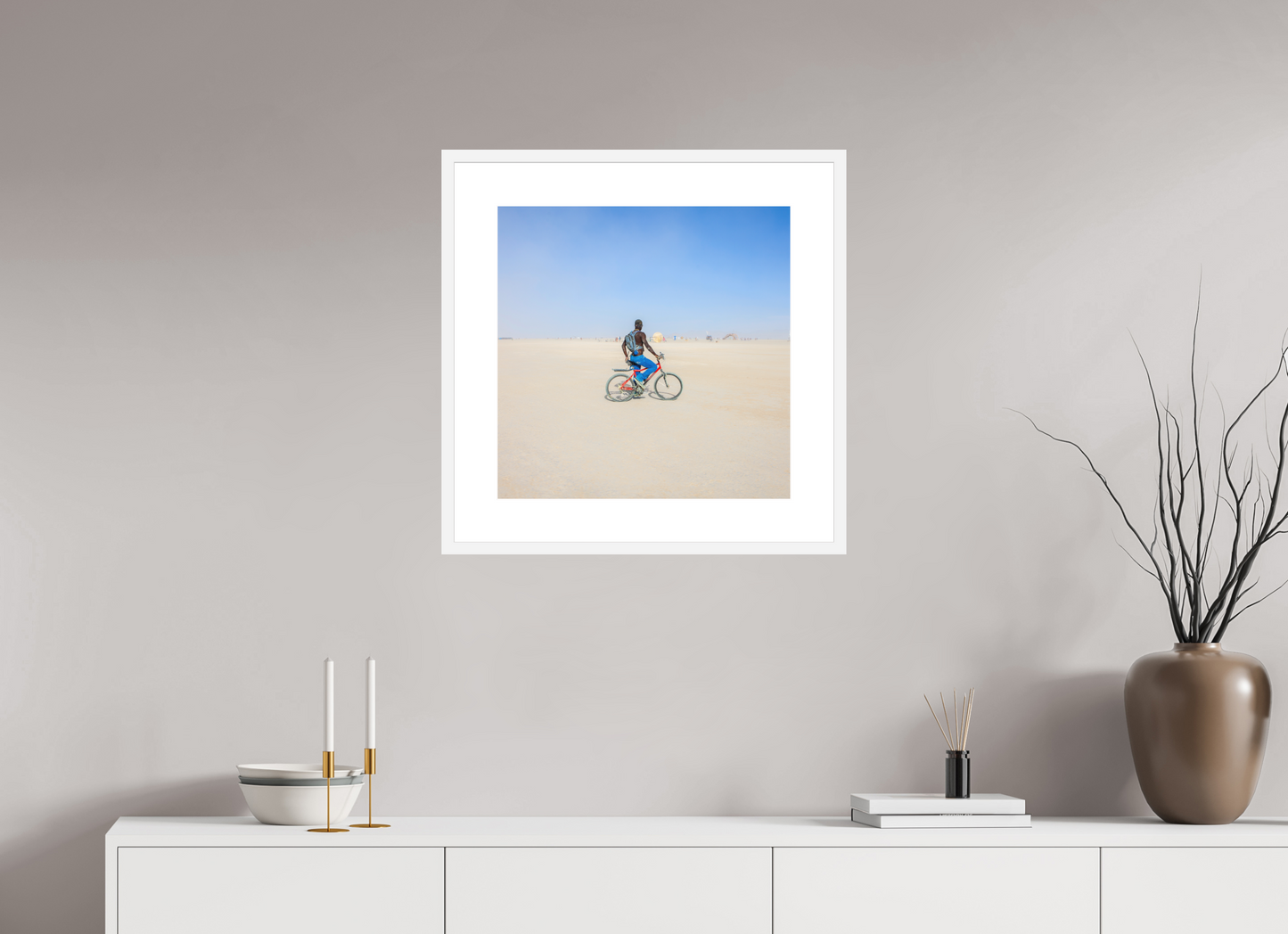20 x 20″, Solid 0.8" White Wood Frame With 3" Natural White Passe-Partout with Museum Glass Burning Man - Man on Red Bike