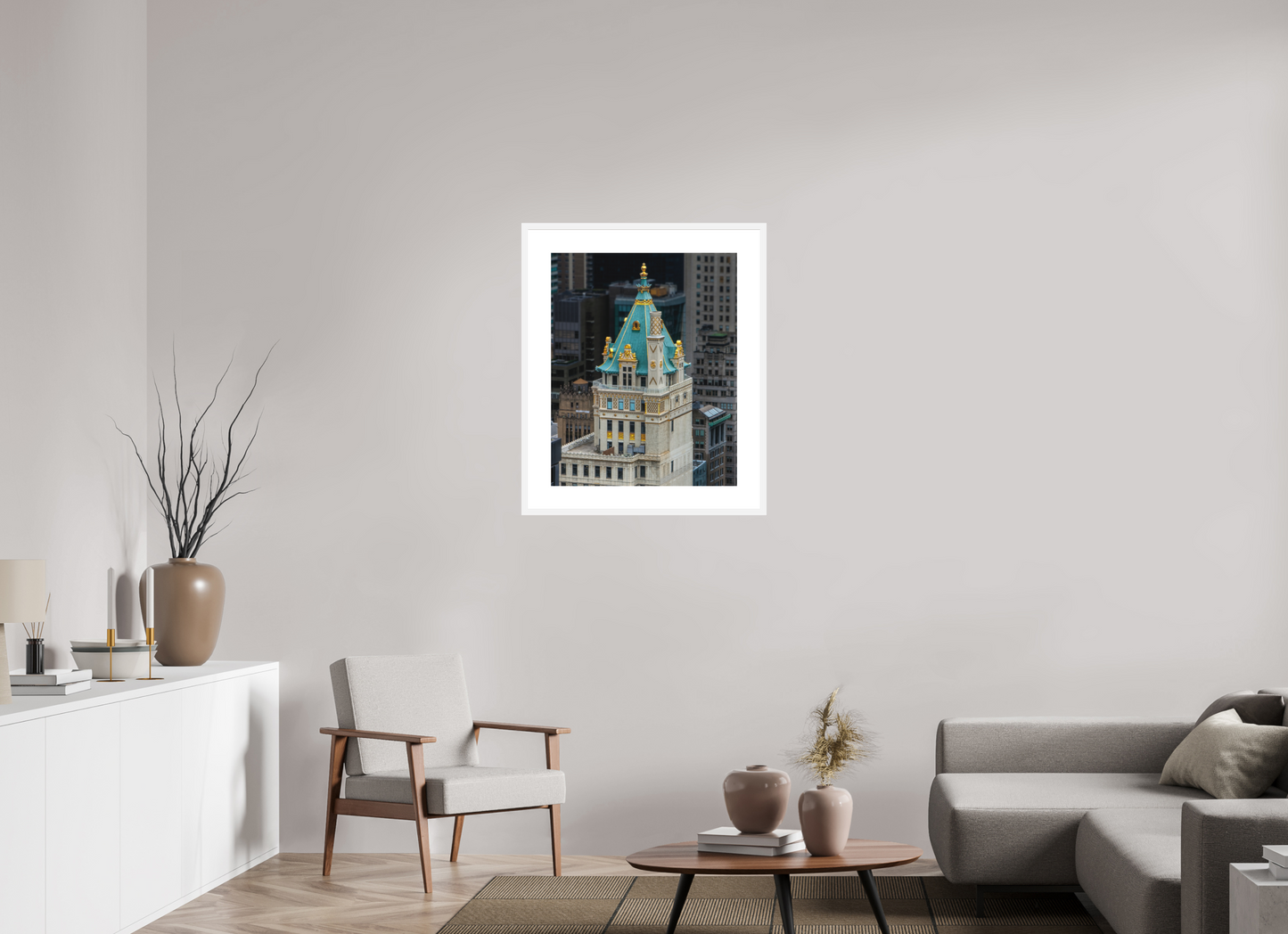24 x 30″, Solid 0.8" White Wood Frame With 3" Natural White Passe-Partout with Museum Glass The Heckscher Building