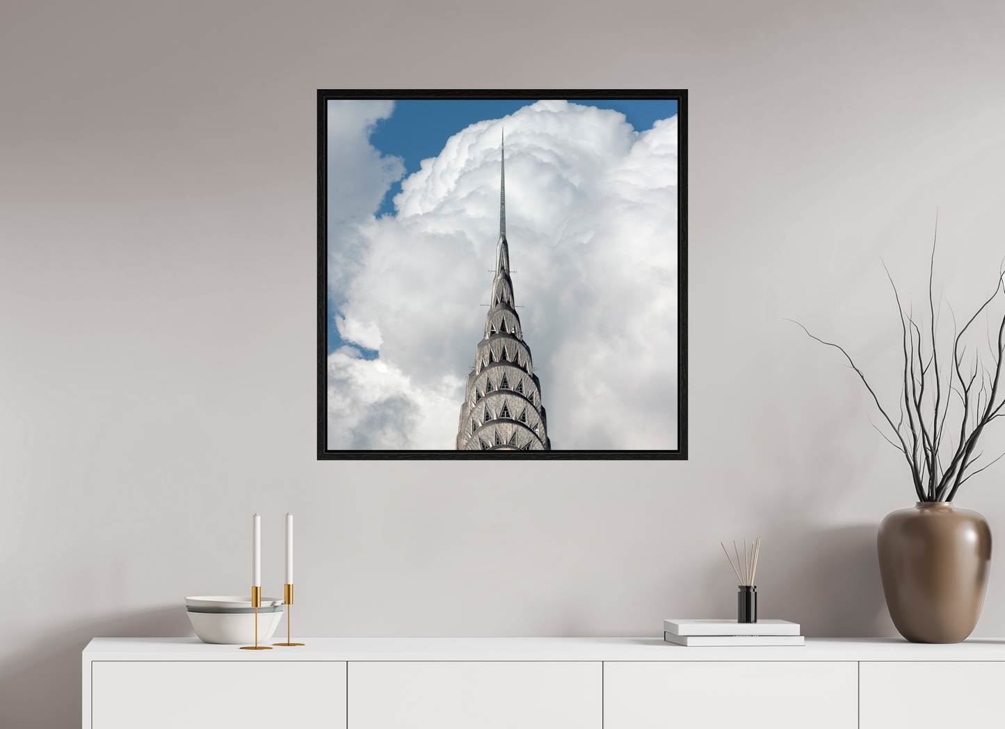 30 x 30″, Floater Frame Chrysler Building with Clouds