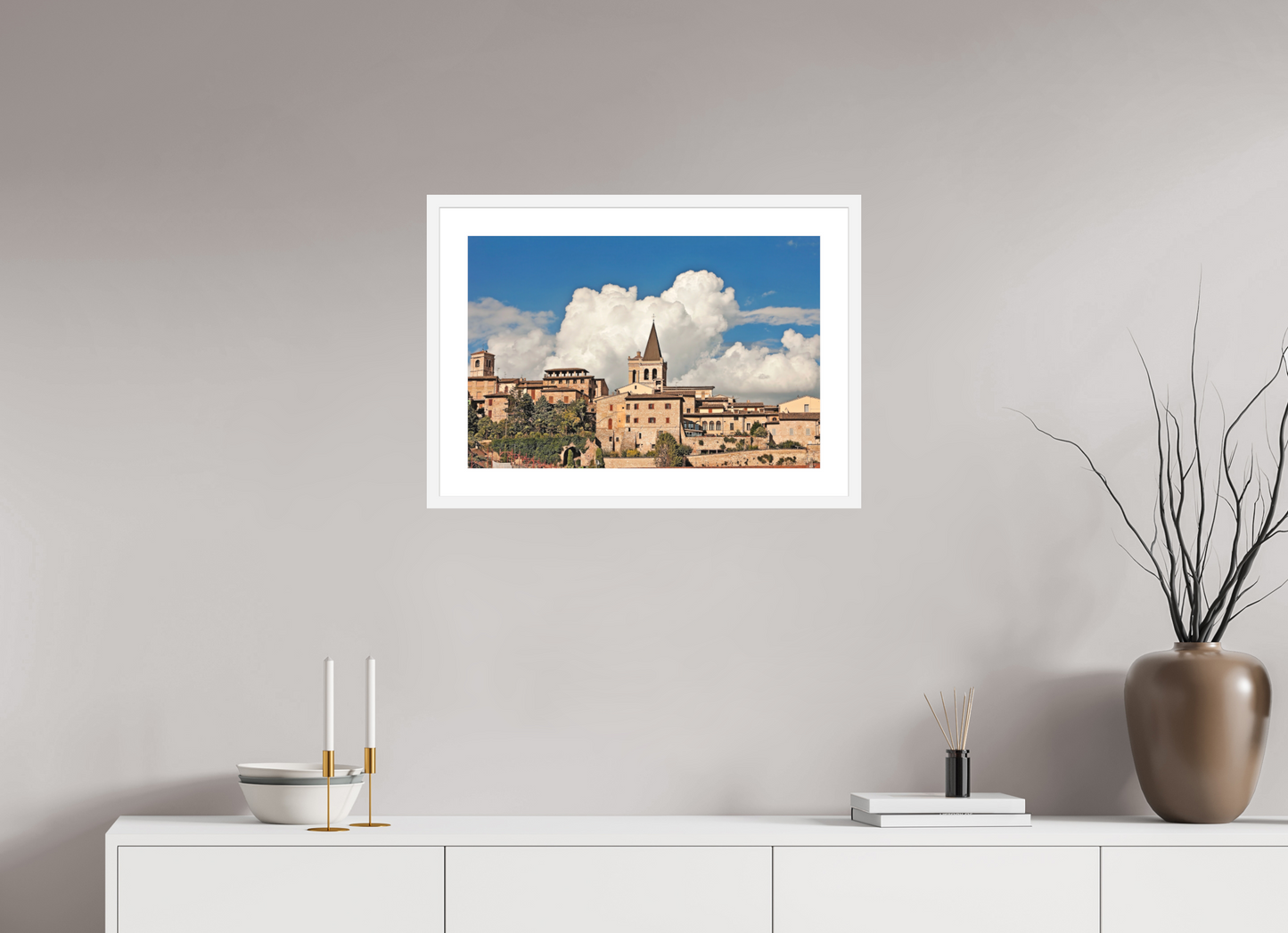 24 x 16″, Solid 0.8" White Wood Frame With 2" Natural White Passe-Partout with Museum Glass Town of Spello Umbria